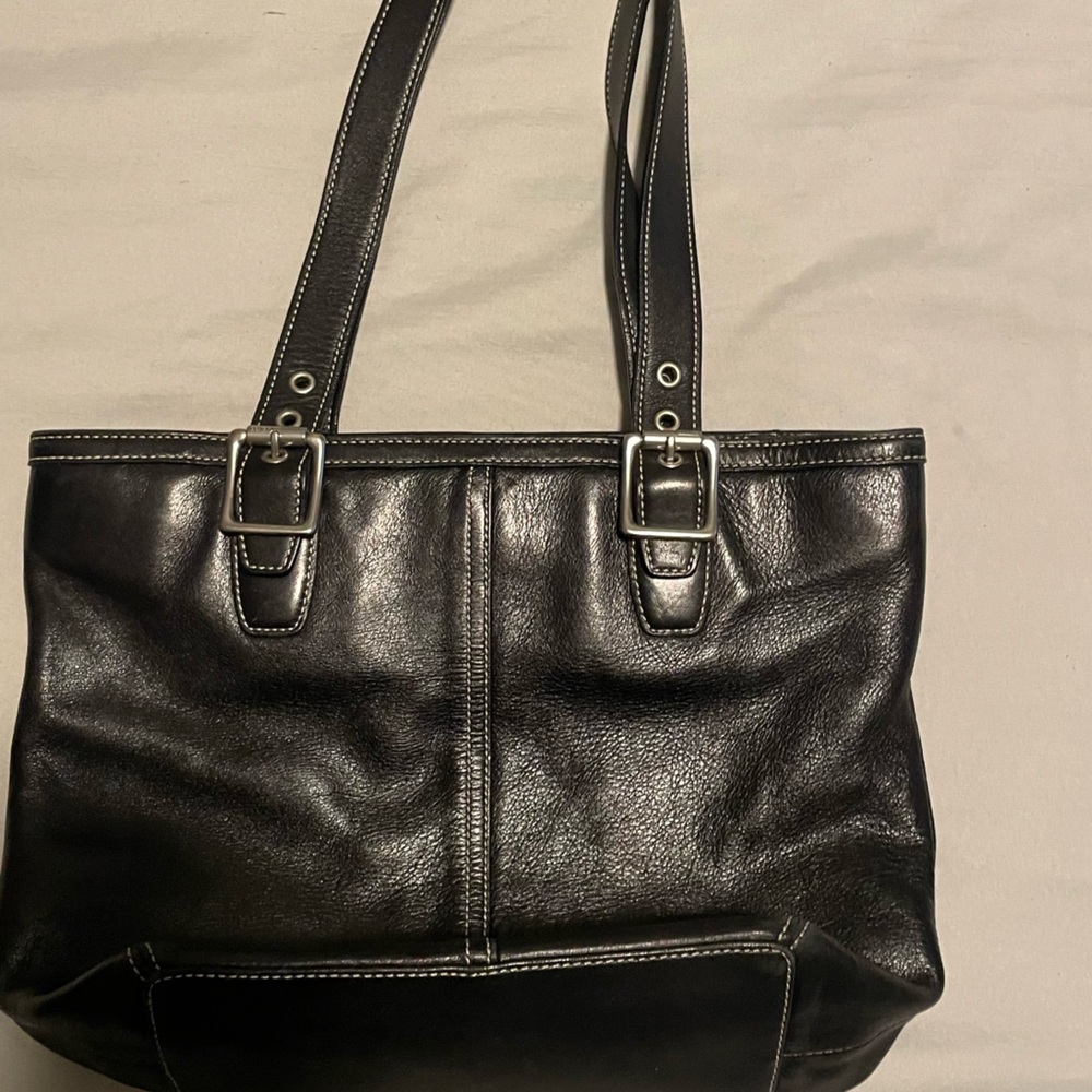 Coach Black Leather Tote Bag with Silver Accents